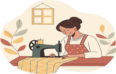 Sweing machine working woman