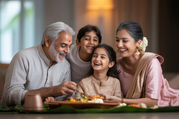 Indian family gathered on the floor, eating a traditional meal on banana leaves