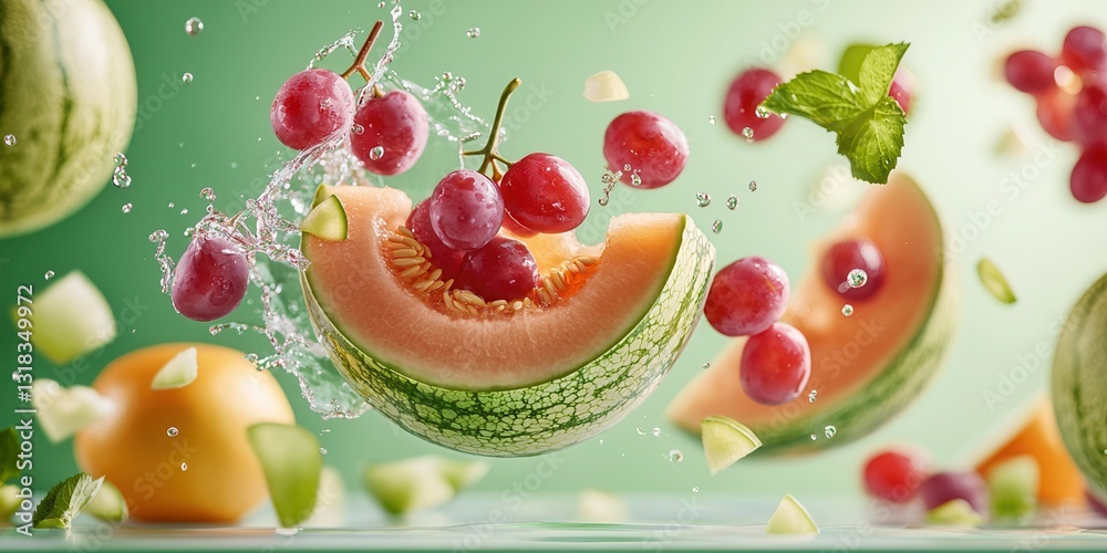 Poster refreshing fruit splash with watermelon and grapes on green background