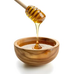 Dripping Honey from Wooden Dipper into Round Wooden Bowl