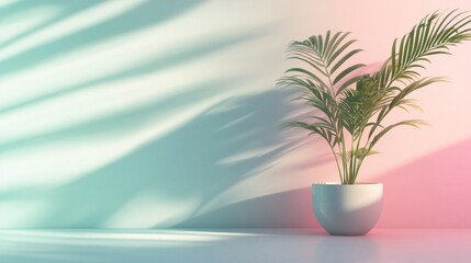 Obraz premium A vibrant green plant sits elegantly in a round white pot, creating a tranquil atmosphere. Soft shadows dance on the pastel wall, enhancing the serene decor during daylight hours