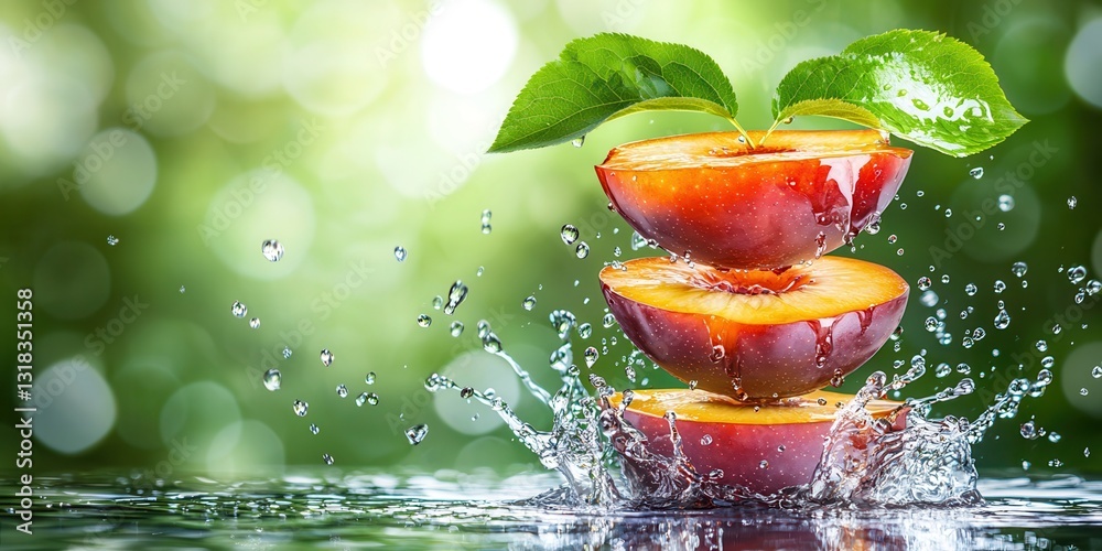 Aufkleber fresh sliced peaches stacked with water splash and green background