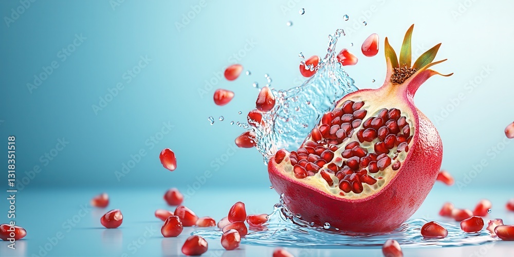 Poster fresh pomegranate with splashing water on blue background