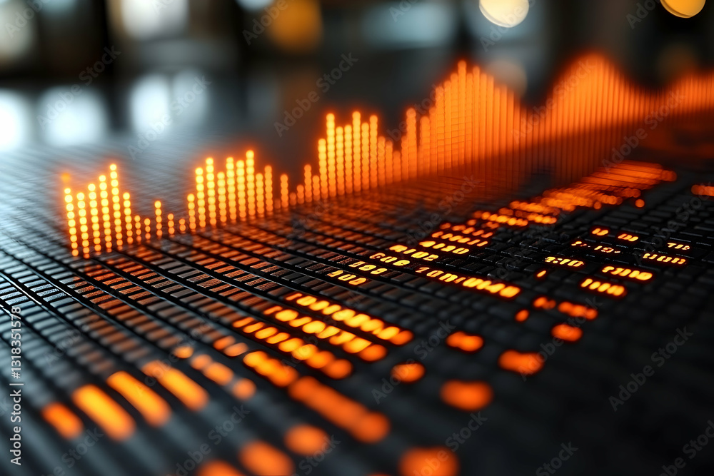Poster abstract digital data visualization. glowing orange bars rise and fall over a grid of small squares,