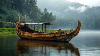Wooden boat on misty lake