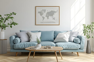 Elegant Modern Living Room with Blue Sofa and Gold Accents – Stylish Interior Design