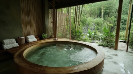 Fototapeta premium Wooden hot tub with forest view