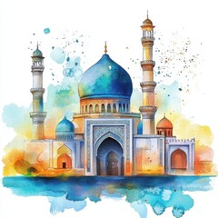 Fototapeta premium Watercolor Painting of a Grand Mosque with Blue Dome and Minarets