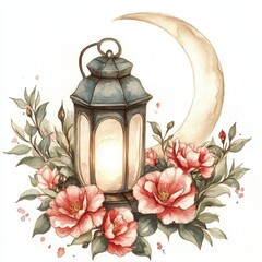 Watercolor Painting of a Lantern with Roses and a Crescent Moon