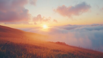 Obraz premium Sunrise over misty hills - Easter resurrection greeting card