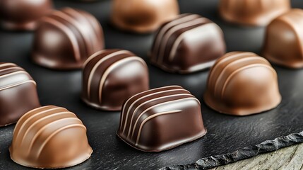 Fototapeta premium Luxurious Dark Chocolate Truffles on Glossy Black Slate Background with Copy Space