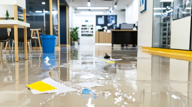 Close-up of spilled water leak on the floor, creating a slippery and hazardous surface. Wet floor caused by rain splash or pipeline leakage, representing safety risks and accident prevention