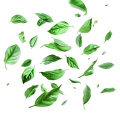 Fresh Green Leaves Falling in Bright White Background Design