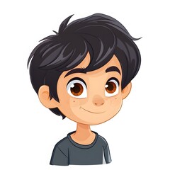 Cute cartoon boy with short black hair and bright brown eyes