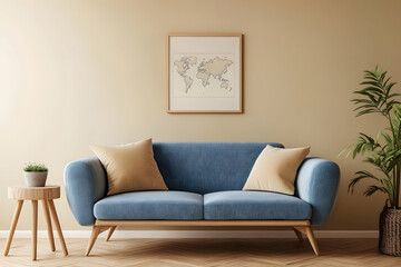 Elegant Modern Living Room with Blue Sofa and Gold Accents – Stylish Interior Design