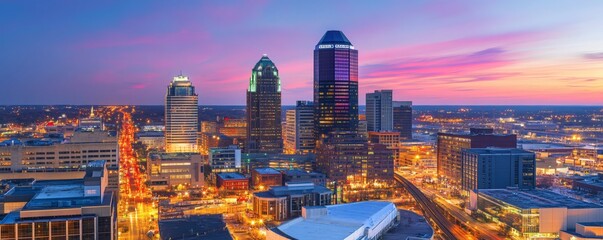 Obraz premium A beautiful urban cityscape with skyscrapers illuminated at twilight