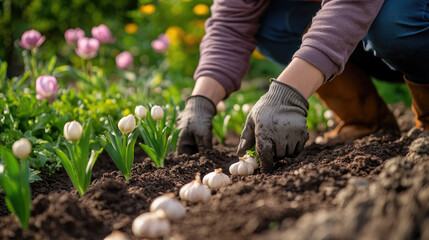 Naklejka premium Planting garlic in a garden bed