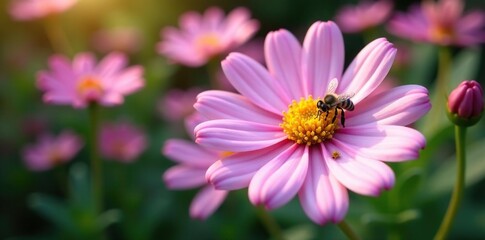 Obraz premium Globe daisy Globularia cordifolia L with a few bees, petals, flower, garden