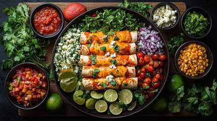 Mexican food Easy Chicken Enchiladas Dish top view on a wood background