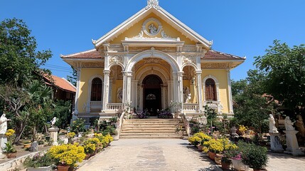 Obraz premium Ornate Yellow Building with Intricate Details and Lush Greenery