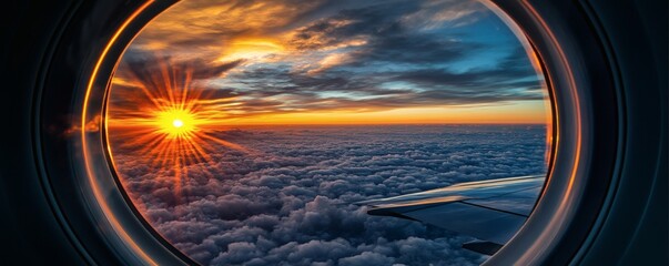 A beautiful sunset viewed from the round window of an airplane