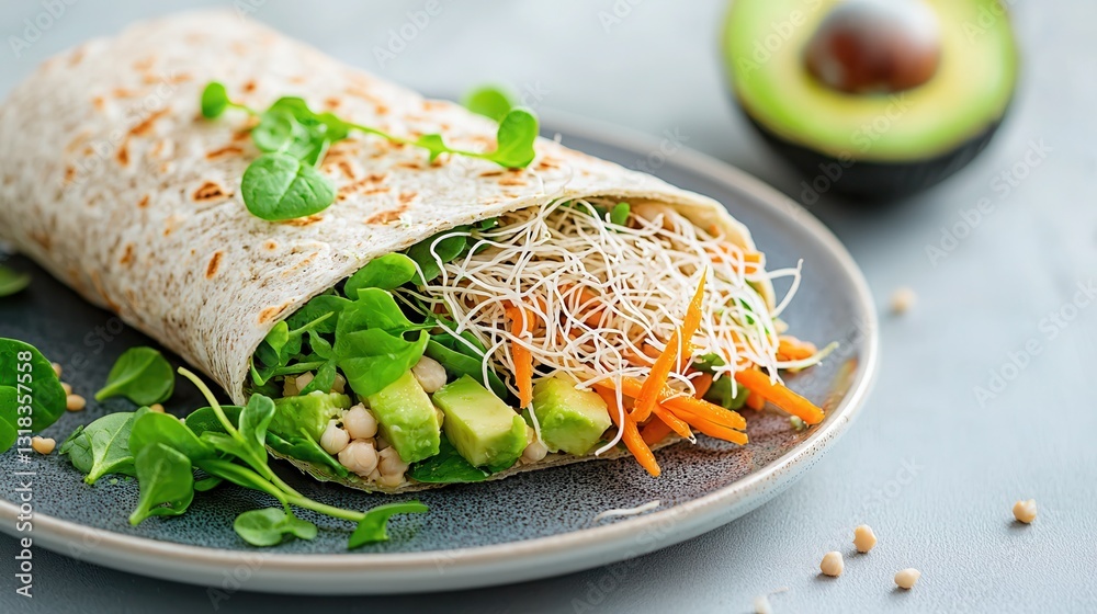 Poster fresh veggie wrap with avocado in a light gray plate setting