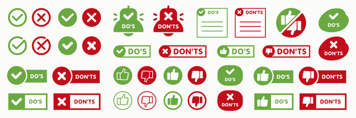 Set of do and don't icon isolated on white background. Thumb up and thumb down button collection. Choice concept design template. Tick and cross, like or dislike symbols. Vector illustration