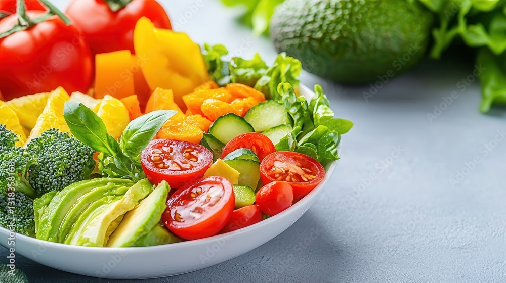 Poster Fresh and Colorful Vegetable Salad with Avocado and Tomatoes