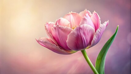Fototapeta premium A single pink tulip blossom with delicate petals, illuminated by soft, warm light, against a dreamy, blurred background.