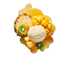 A close-up of a melting scoop with tropical fruit pieces inside