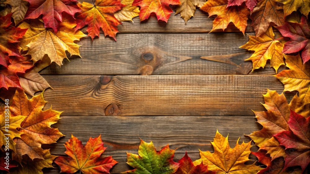 Poster Autumn leaves frame a rustic wood background, creating a cozy and inviting space for fall-themed designs.