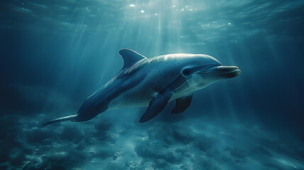 Obraz premium Graceful dolphin swimming through sunlit ocean waters, surrounded by coral reefs and marine life