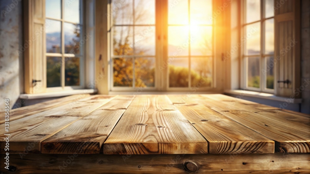 Poster a wooden table in front of a window with sunlight shining through the glass panes