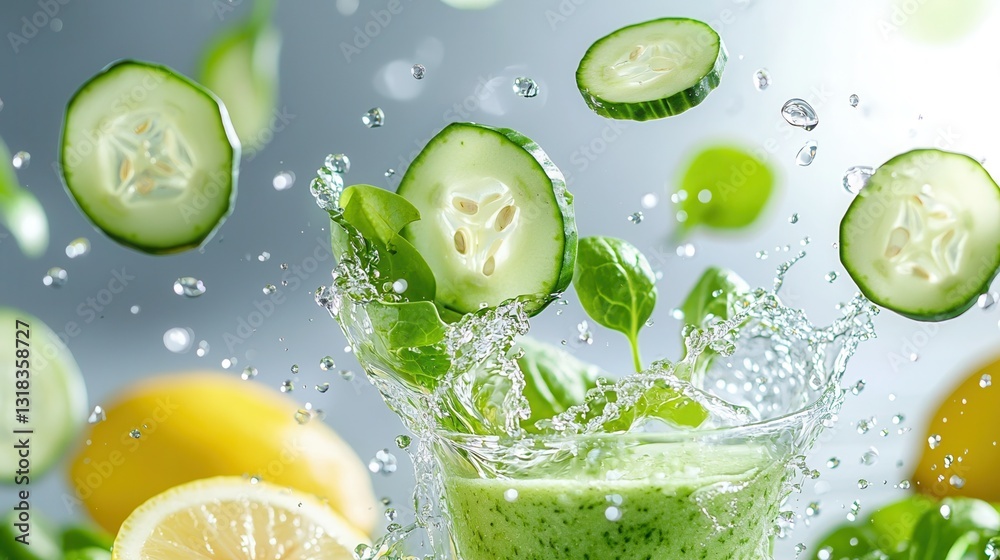 Fototapete refreshing green smoothie splash with cucumber and lemon slices