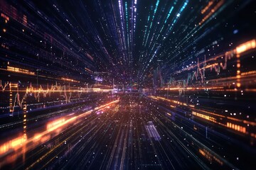 Obraz premium Wide-angle digital view of stock market fluctuations and financial analytics.