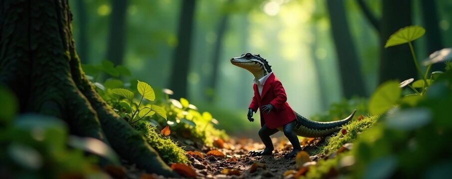 Lagarto con traje rojo camina por el bosque oscuro, traje, fant?stico, bosque