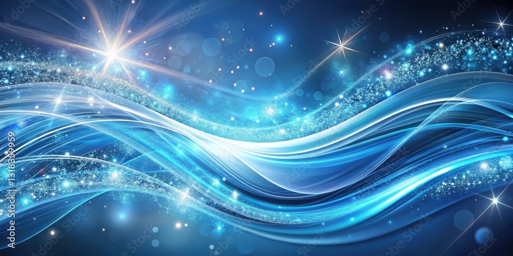 Poster abstract blue and white wavy background with sparkling dust and glowing stars