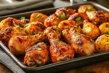 Baked crispy baked potatoes with chicken legs on a large baking sheet.