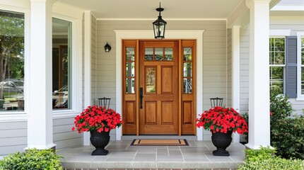 Fototapeta premium Wooden front door with glass panels, red flowers in pots, light gray siding, white columns, and a lantern. Warm and inviting home entrance. Ai generative