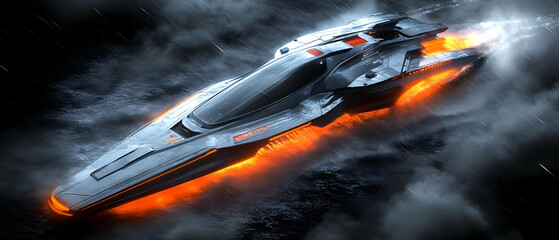 Futuristic spaceship flight, dark clouds. Sci-fi game art