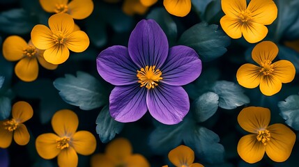 Fototapeta premium Bright yellow buttercups encircle a violet in a tranquil, natural floral arrangement.