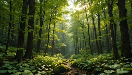 "Lush Green Forest Landscape with Towering Trees and Sunlight Filtering Through the Dense Canopy"