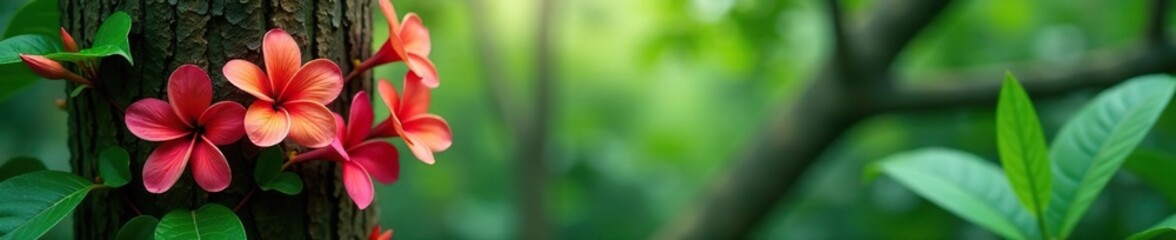 Obraz premium Exotic flowers blooming on a tropical tree trunk, ecosystems, blooms, tropical