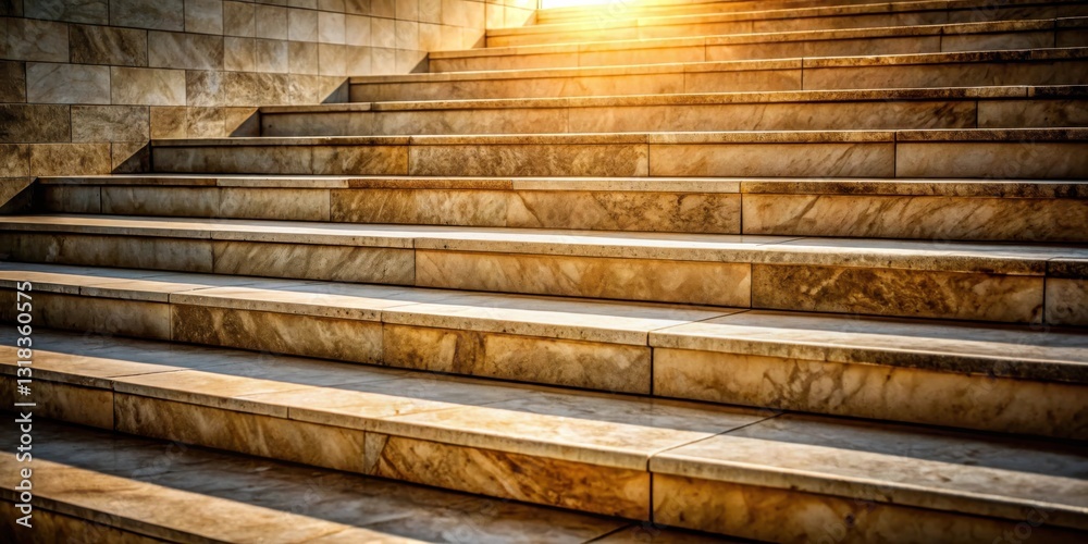 Poster A close-up perspective of a set of stone steps bathed in warm sunlight, casting long shadows on the surface, creating a textured and inviting pathway.
