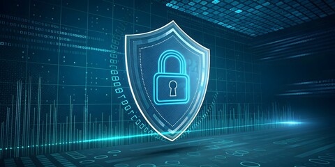 Digital Security Shield with Lock Symbol on Futuristic Background