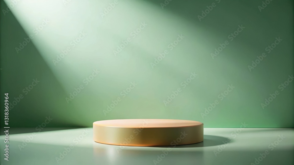 Leinwandbilder A single round pedestal in soft pastel colors sits in front of a minimalist green backdrop, illuminated by a single beam of light from above
