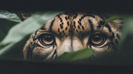 Leopard or jaguar peeking from the shadows of its enclosure, its piercing eyes and restrained posture reflecting the silent power and untamed instincts of a wild predator in captivity