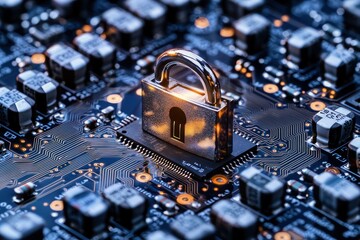 Circuit board with a digital lock focuses on global cybersecurity themes.