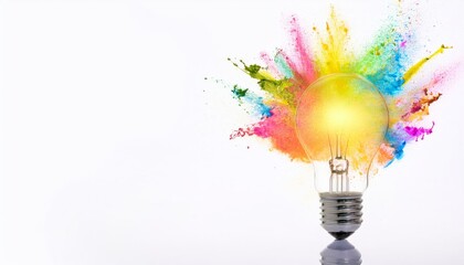 Creative light bulb explodes with colorful paint and splashes