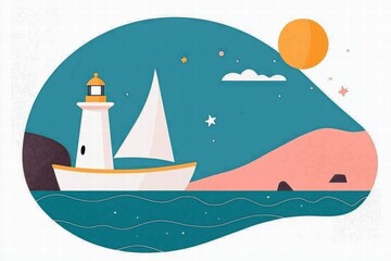 Fototapeta premium Vector Illustration of Yacht Sailing Under Clear Sky with Sun and Coastal Landscape